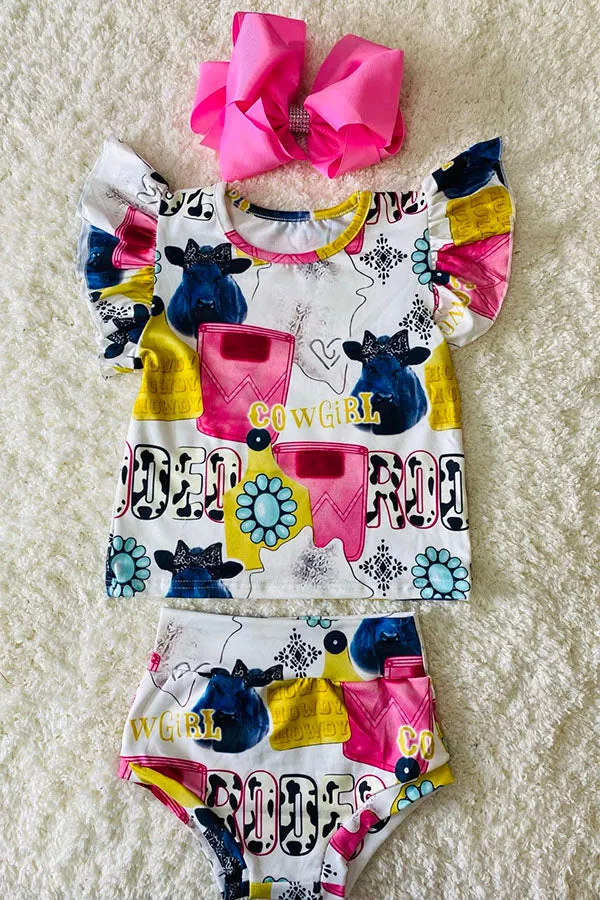 Multicolor western print ruffle short sleeve 2pc set DLH1121-7