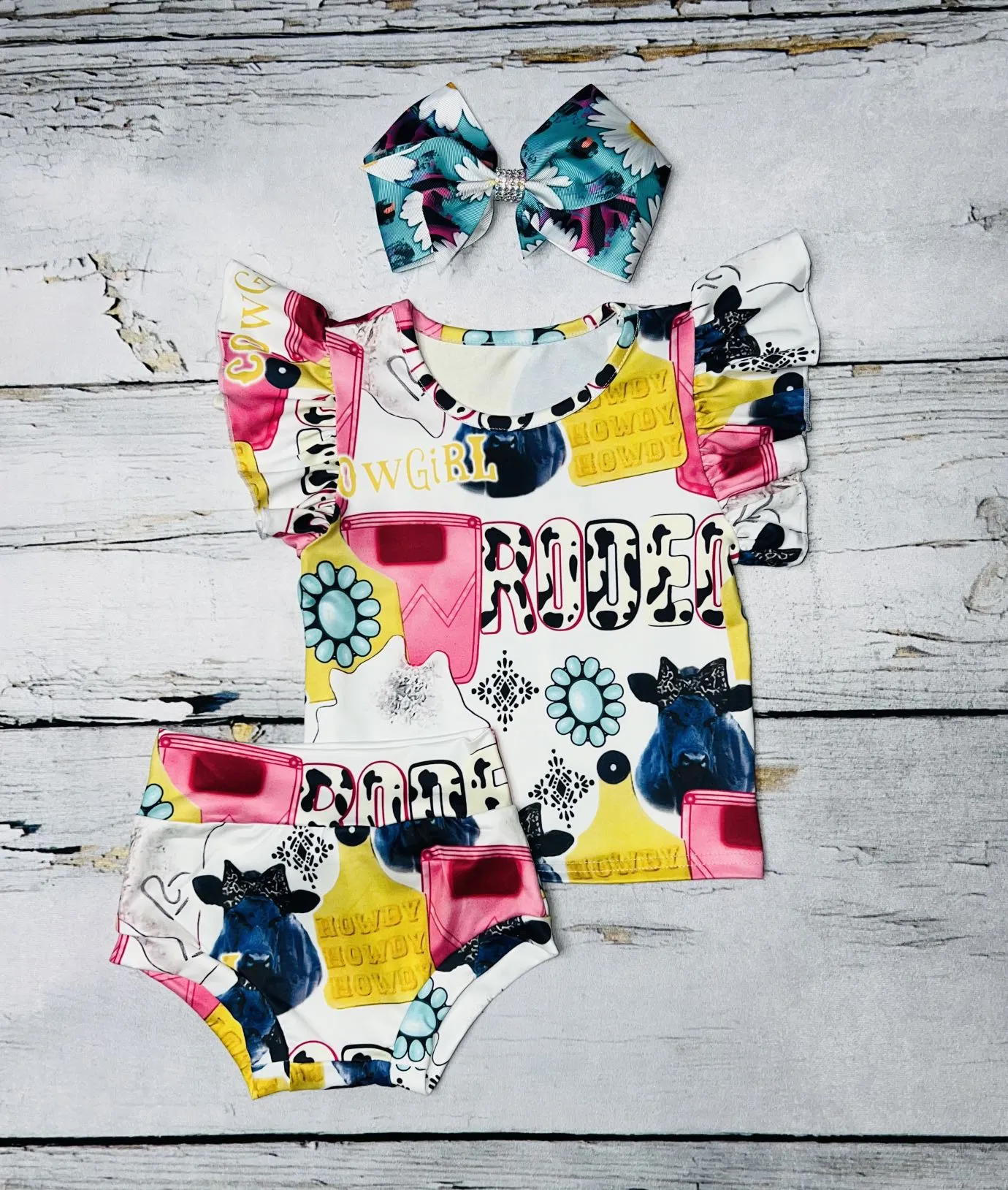 Multicolor western print ruffle short sleeve 2pc set DLH1121-7