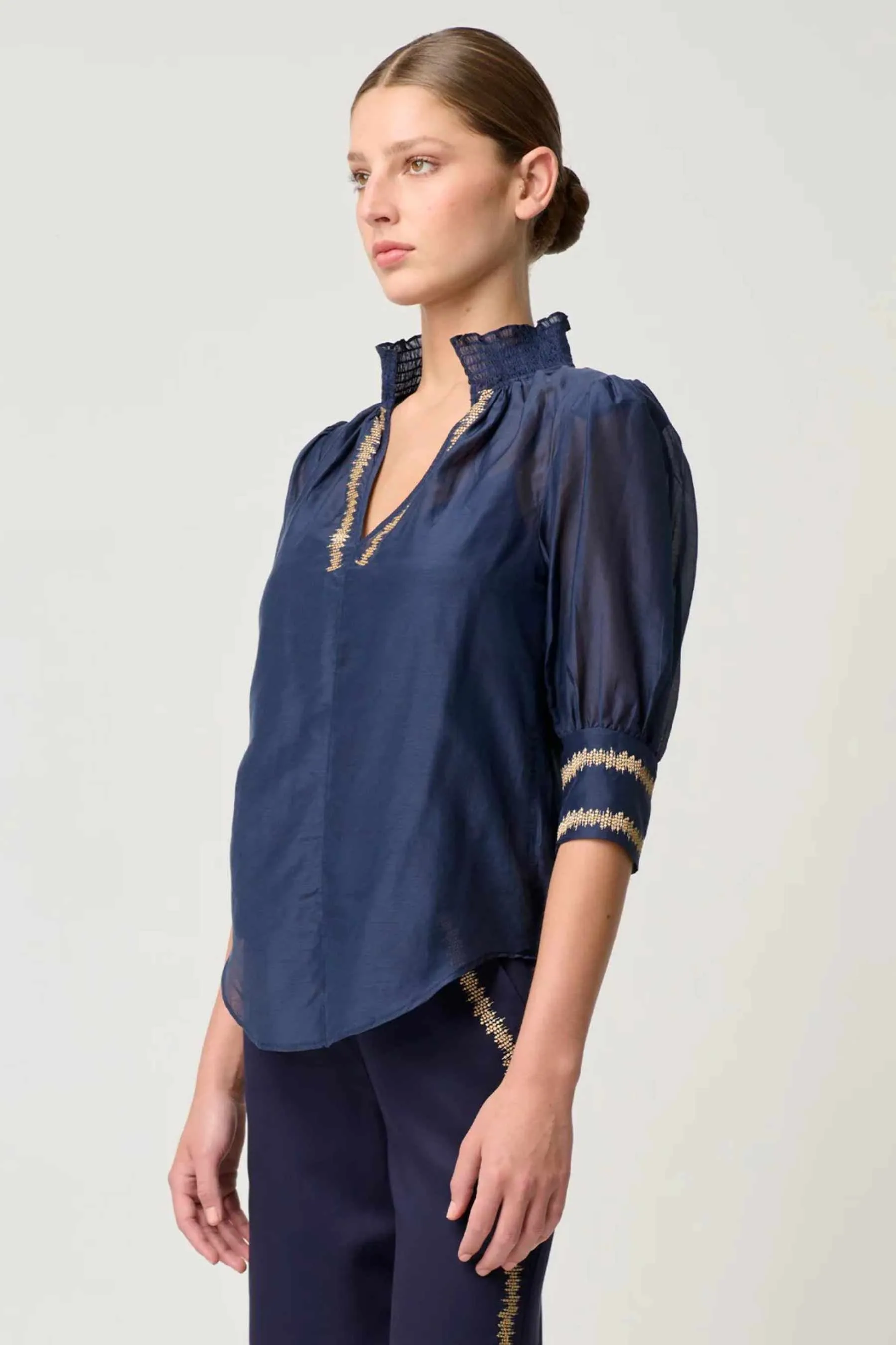 Mystique Shirred Collar Blouse | Ink