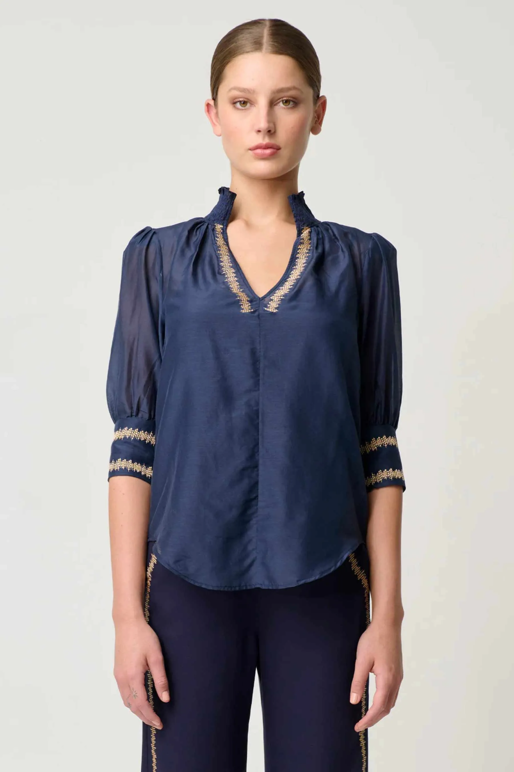 Mystique Shirred Collar Blouse | Ink