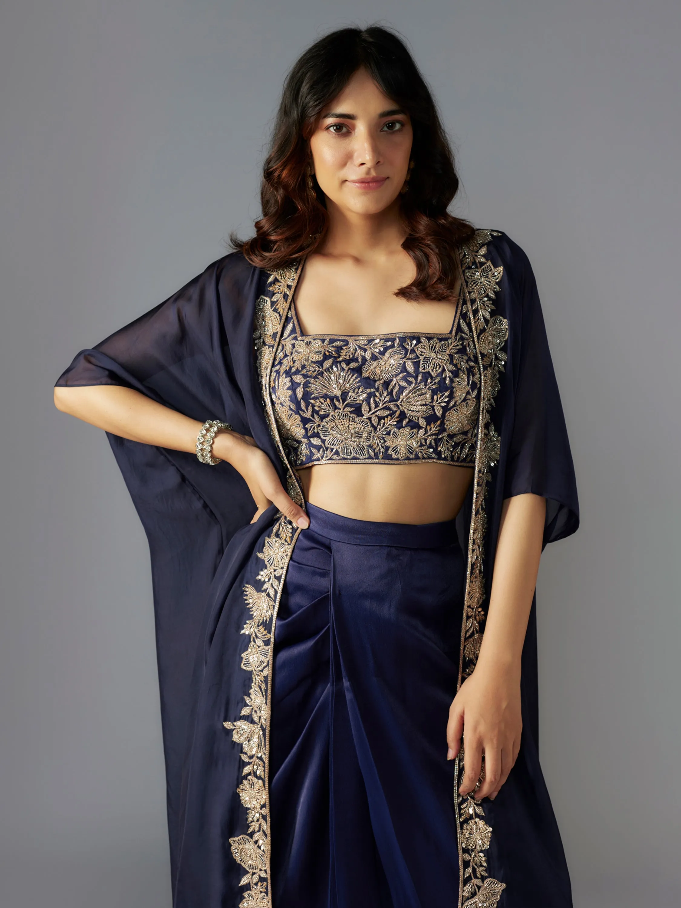 Navy Hand Embroidered Modal Satin Draped Skirt Set with Cape