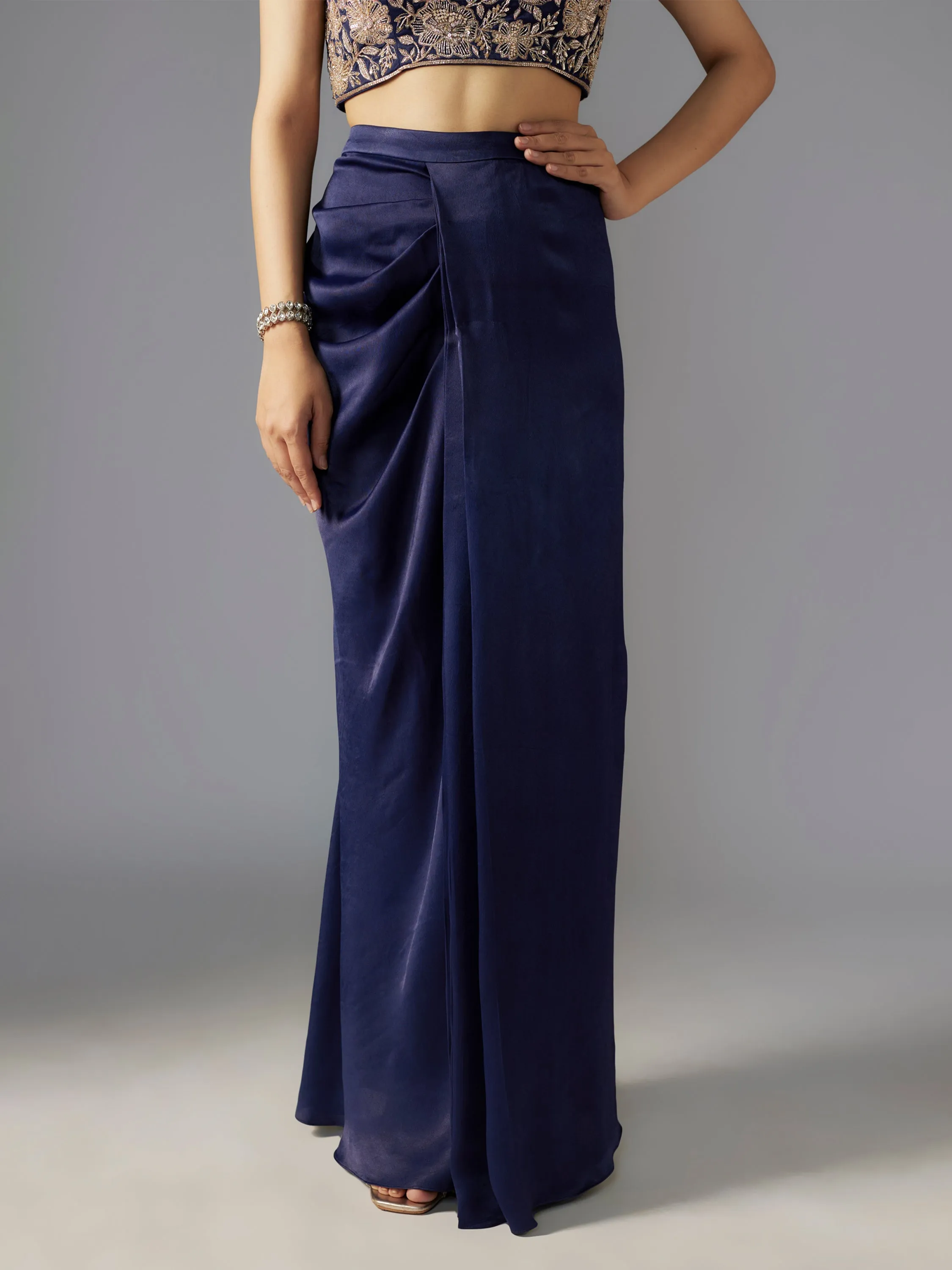 Navy Hand Embroidered Modal Satin Draped Skirt Set with Cape
