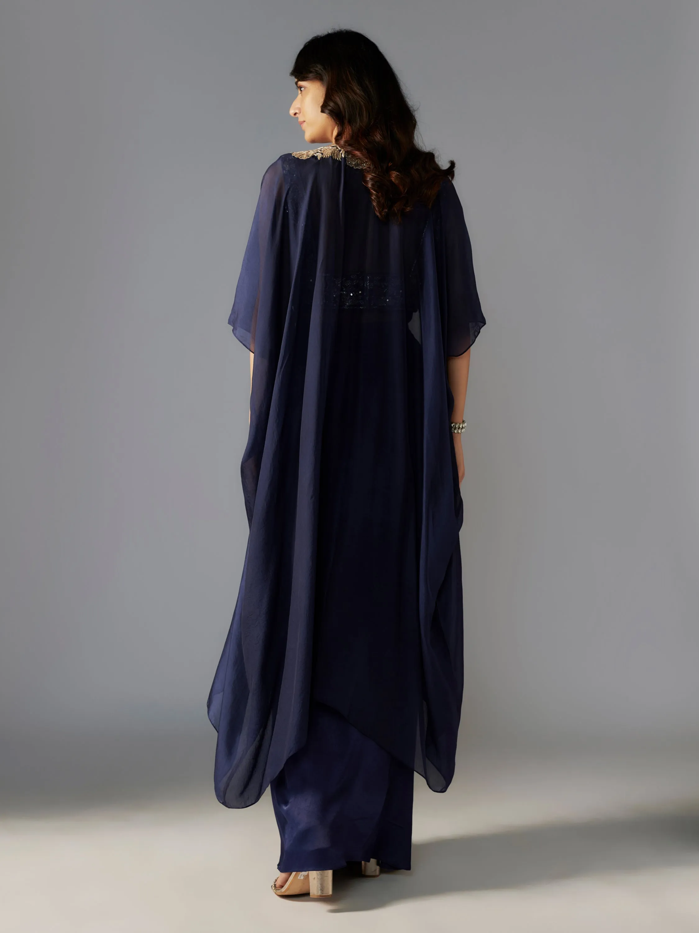 Navy Hand Embroidered Modal Satin Draped Skirt Set with Cape