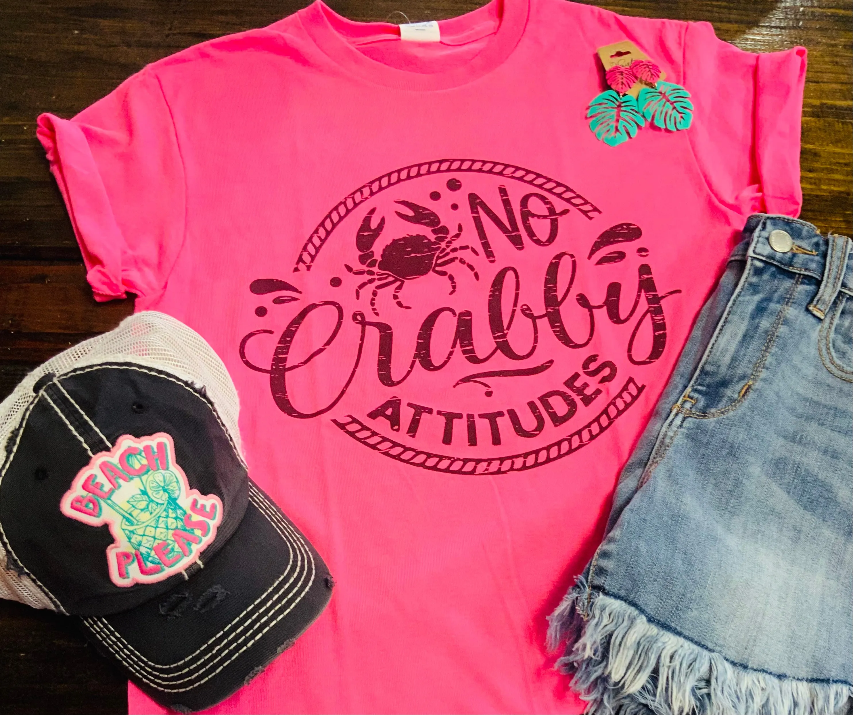 No Crabby Attitudes Graphic Tee - Neon Pink
