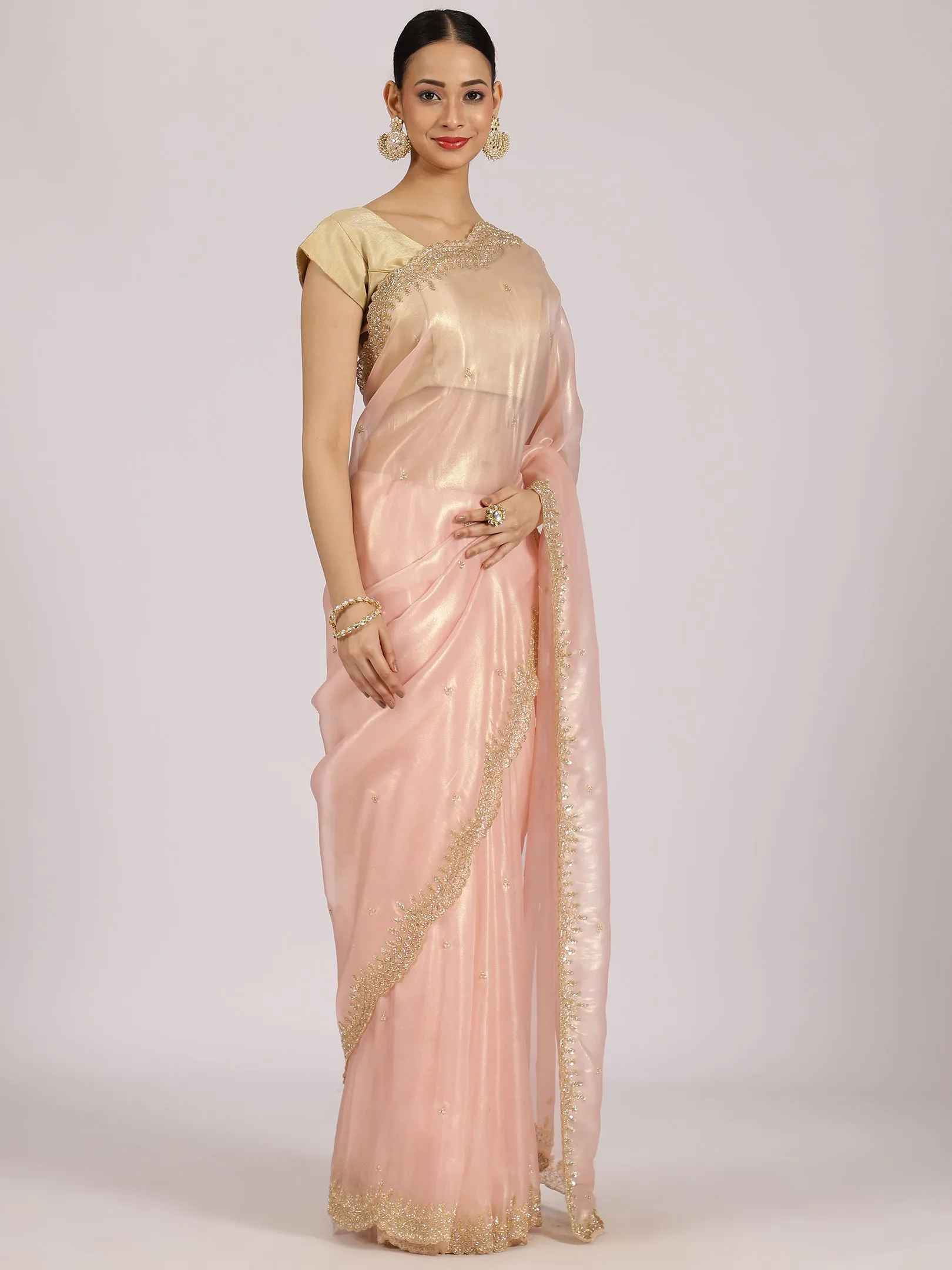 Pastel Pink Organza Embellished Saree