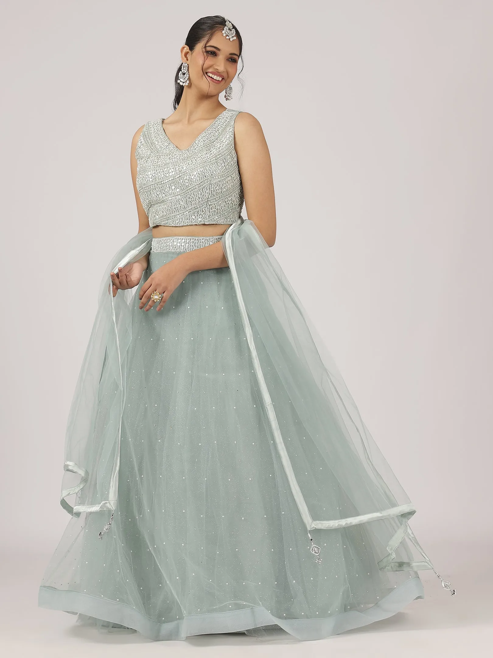 Sage Green Net Lehenga with Sequin Embellishments & Designer Blouse