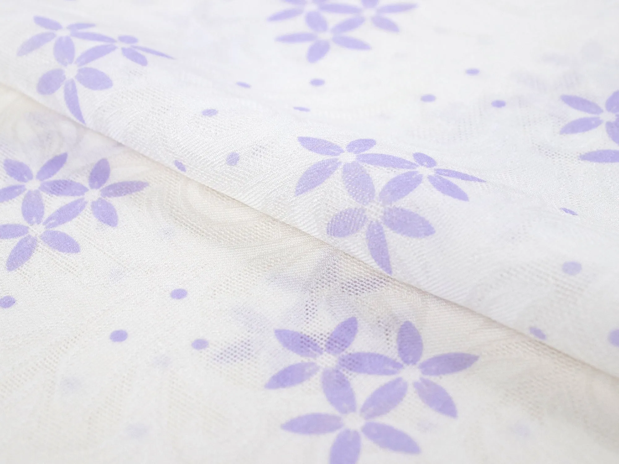 Silk Obiage,Covering Sash; Sha Leno - White Purple Flowers