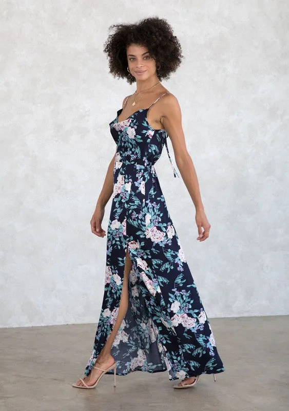 Silky Floral Print Cowl Neck Semiformal Maxi Dress