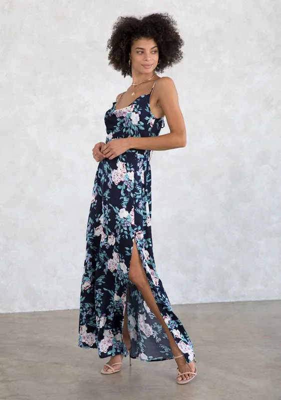 Silky Floral Print Cowl Neck Semiformal Maxi Dress