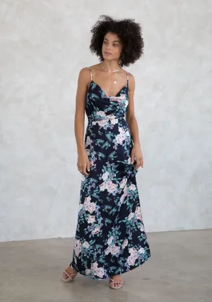 Silky Floral Print Cowl Neck Semiformal Maxi Dress