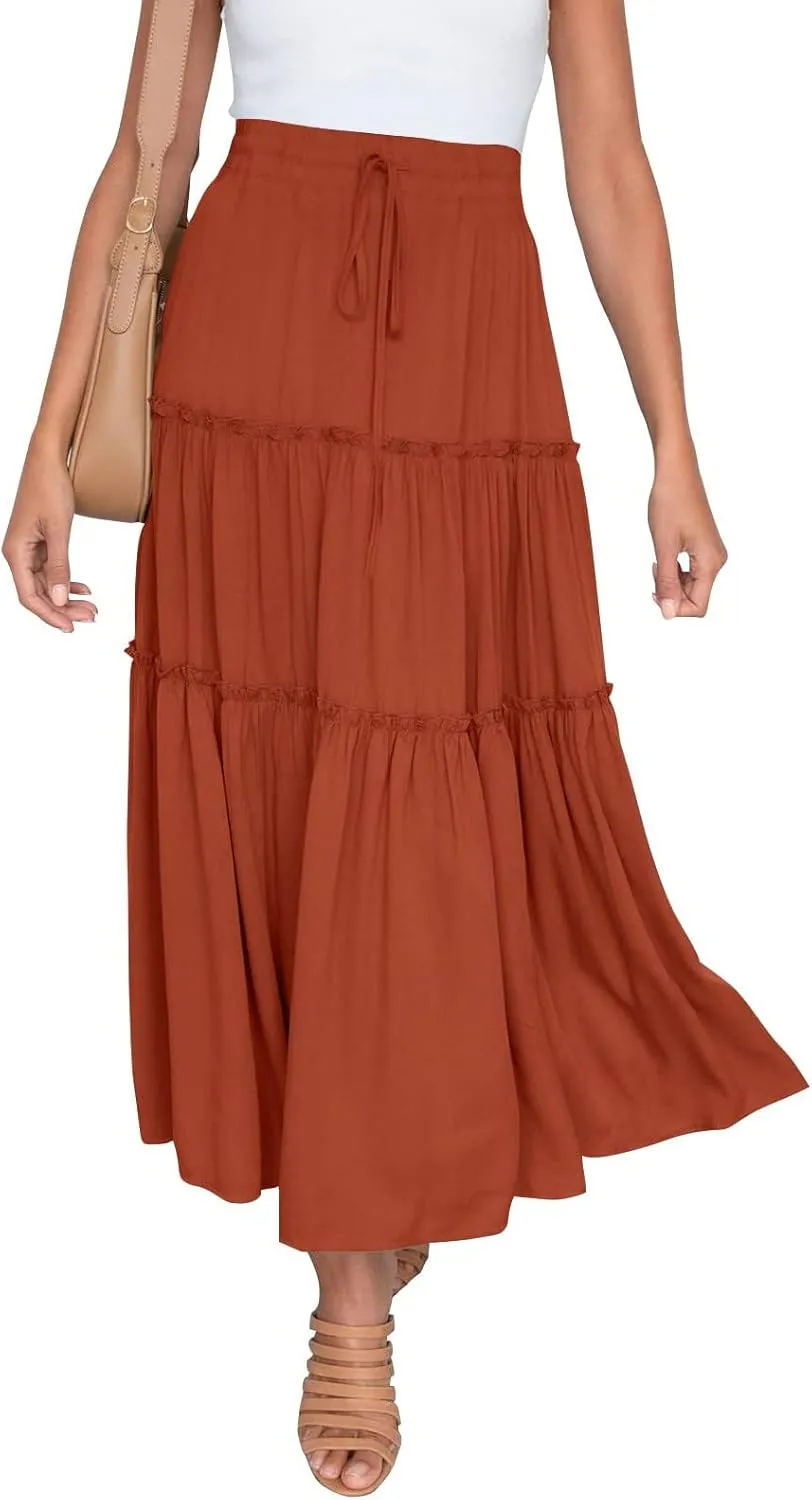 Women Summer Maxi Skirt Elastic High Waist Flowy Boho Casual Tiered Aline Long Beach Skirts 2024 Trendy Outfits