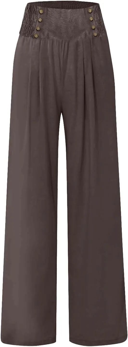 Womens Linen Blend Summer Casual Loose Palazzo Lounge Pants Low Waist Bootcut Plus Size Trousers Beach