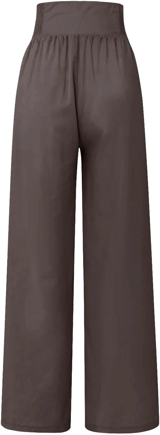 Womens Linen Blend Summer Casual Loose Palazzo Lounge Pants Low Waist Bootcut Plus Size Trousers Beach