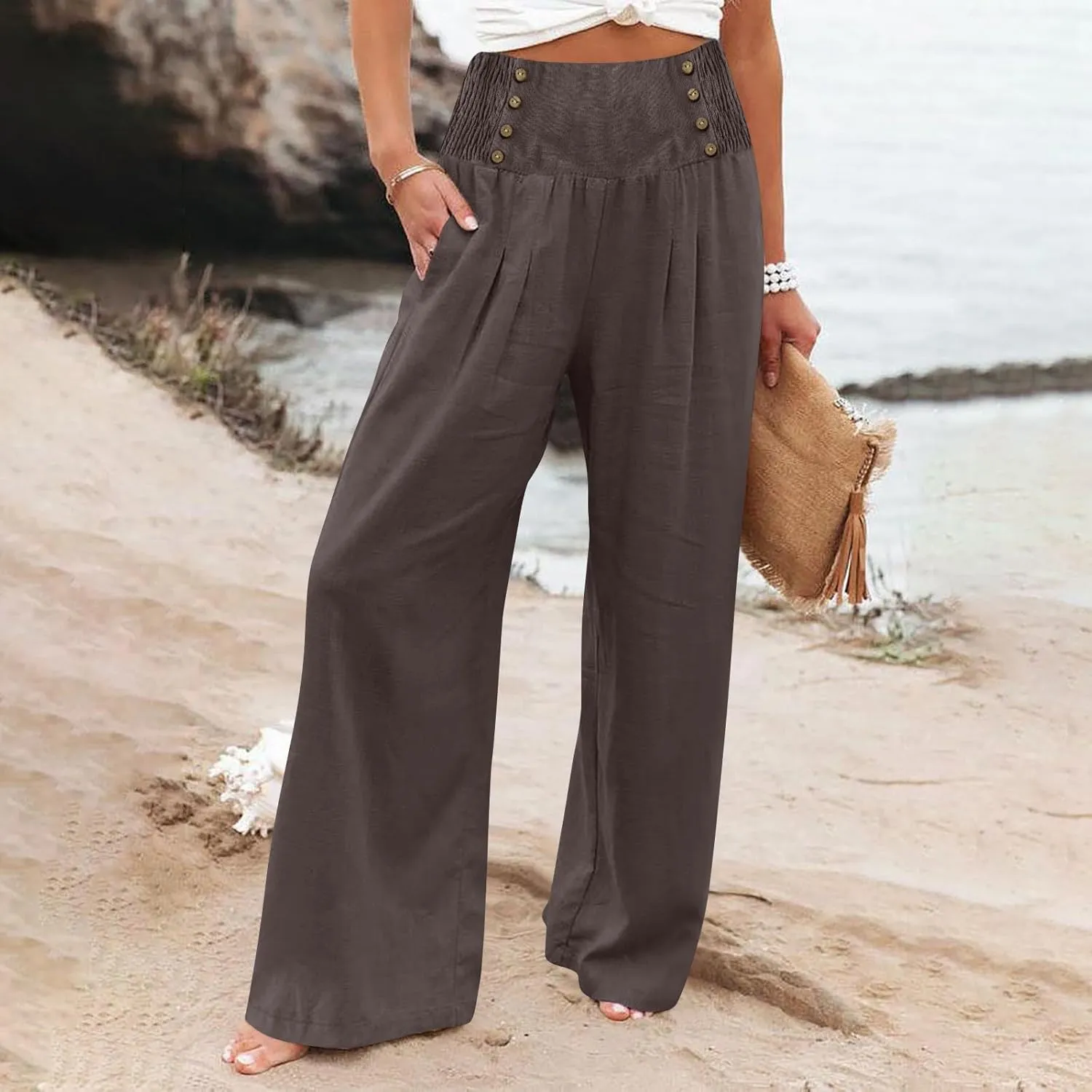 Womens Linen Blend Summer Casual Loose Palazzo Lounge Pants Low Waist Bootcut Plus Size Trousers Beach